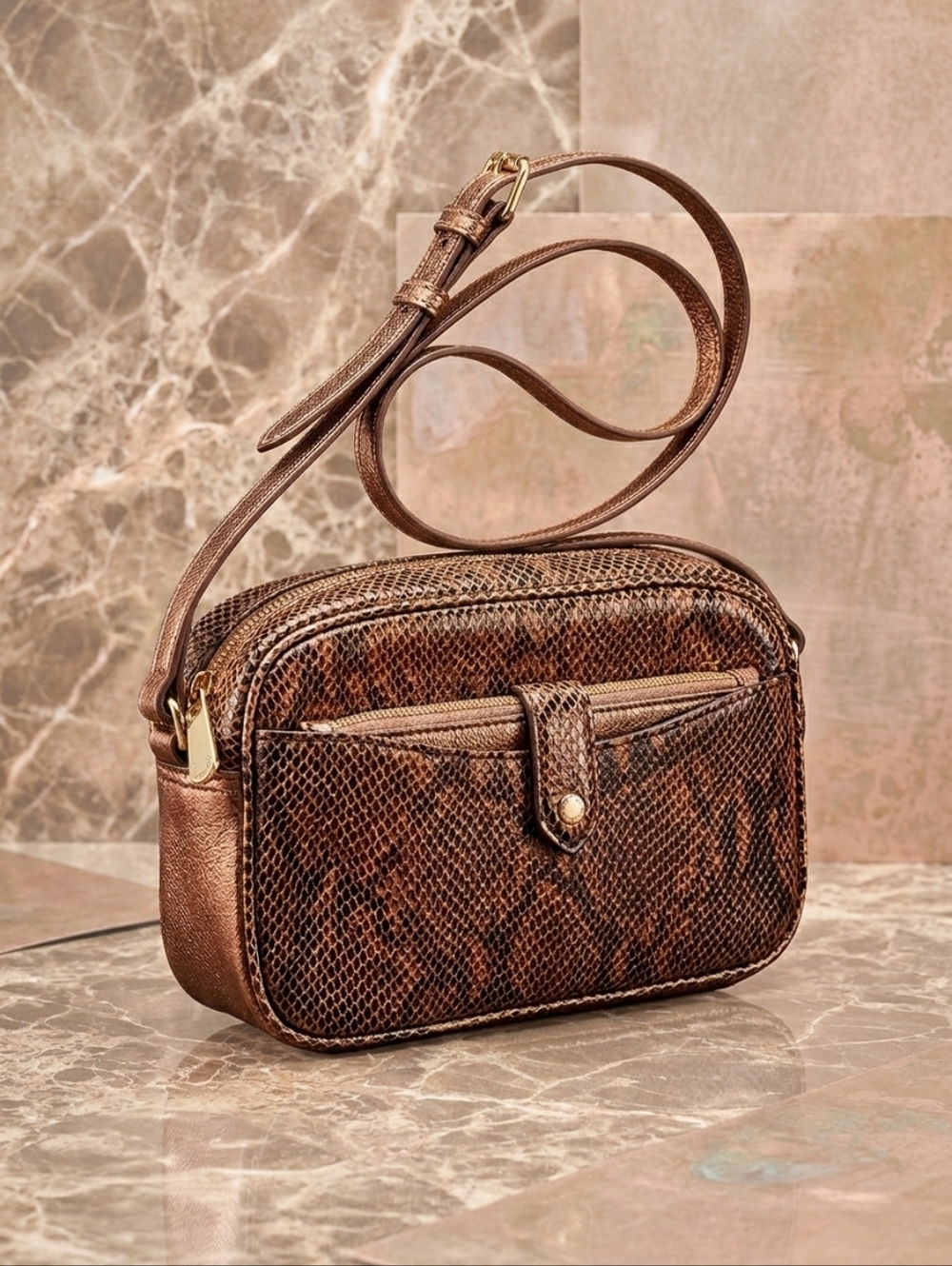 G.I.L.I. Snakeskin Print & Metallic Copper Leather Crossbody + Removable Wallet